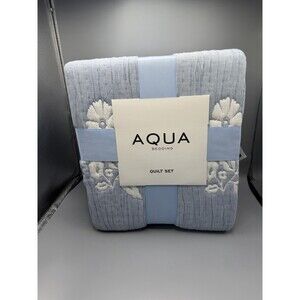 Aqua Bedding Floral Scalloped Reversible TWIN Quilt & Sham Set Powder Blue